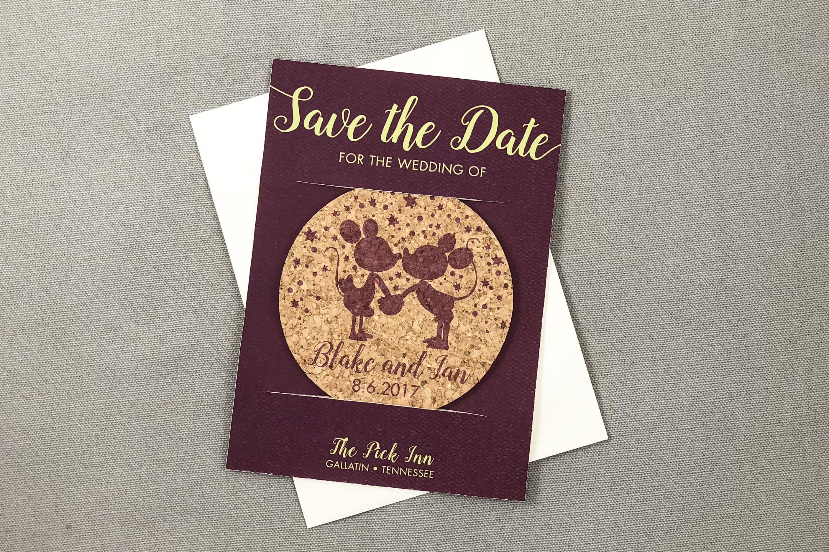 Kissing Mice Fairytale Wedding Cork Coaster Save the Date // Purple and Lime Green Cork Coaster Save the Date