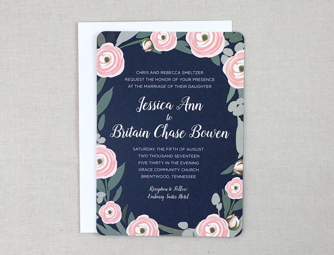 Navy and Pink Floral Wreath 5x7 Wedding Invitation with RSVP Notecard - TE1
