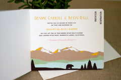 Tan and Gold Colorado Rocky Mountains 3pg Livret Wedding Invitation with RSVP Postcard // Bear in Meadow