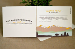 Tan and Gold Colorado Rocky Mountains 3pg Livret Wedding Invitation with RSVP Postcard // Bear in Meadow