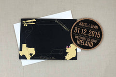 Destination Wedding Cork Coaster Save the Date // Black and Gold Vintage Biplane // Texas connected to Ireland Destination Wedding