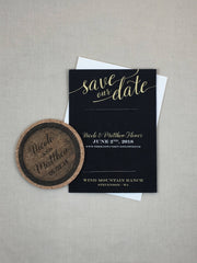 Rustic Wine Barrel Black and Gold Cork Coaster Save the Date with A7 Envelope