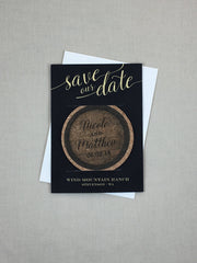 Rustic Wine Barrel Black and Gold Cork Coaster Save the Date with A7 Envelope