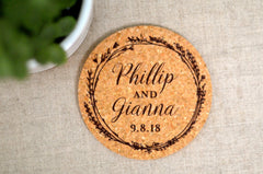 Burgundy Wreath and Gold Script with Photo Cork Coaster Save the Date and A7 Envelope