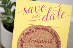 Yellow and Magenta Floral Wreath Bright Cork Coaster Save the Date with envelope with Engagement Photo // BP1