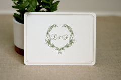 Greenery Wreath Monogram with Gold Frame Wedding Save the Date Postcards // Elegant Script