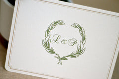 Greenery Wreath Monogram with Gold Frame Wedding Save the Date Postcards // Elegant Script