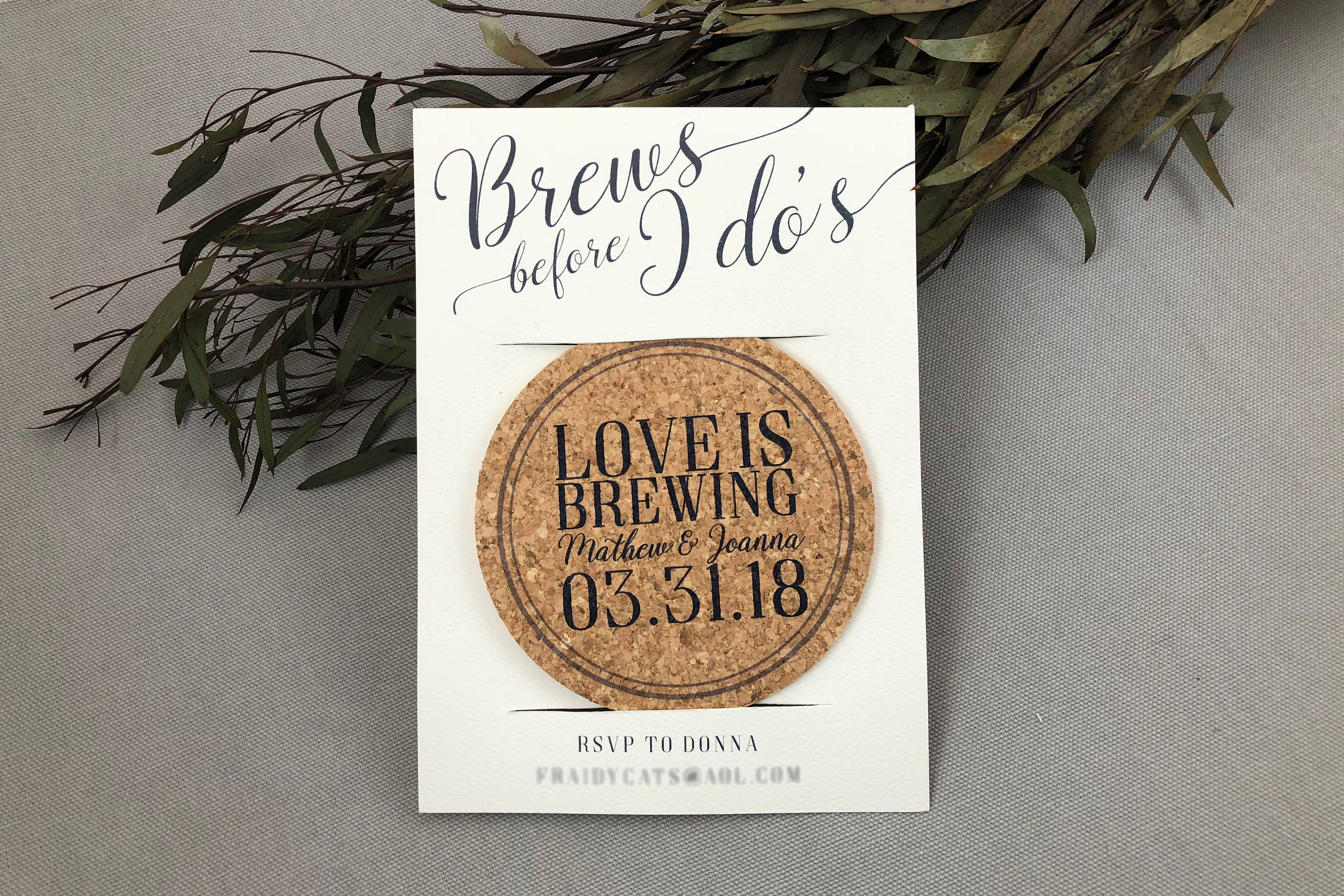 Brews Before I Do's Love is Brewing Rehearsal Dinner Cork Coaster Invitation with Envelopes