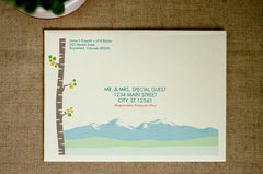 Rustic Maple Wood Veneer 5x7 Wedding Invitation with Spring Birch Tree Rocky Mountain Landscape // Maple Wood Wedding Invite