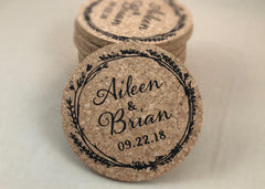 Wreath Cork Coaster with Black Elegant Script Personalized Favors with Names and Wedding Date // Cork Coaster Wedding Favors