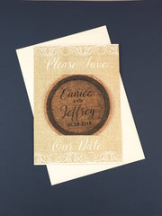 Rustic Lace and Linen with Wine Barrel Cork Coaster Save the Date Includes A7 Envelopes