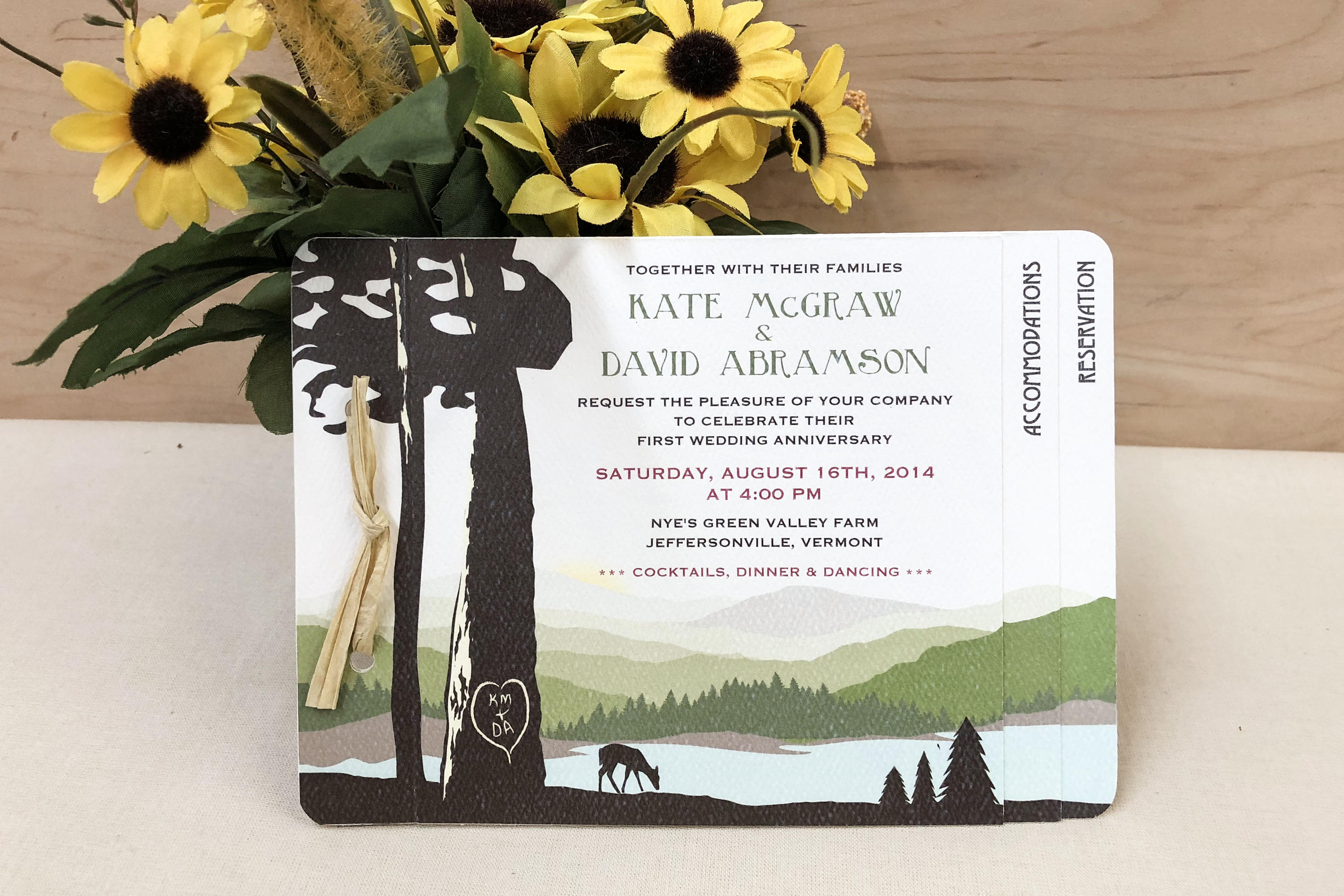 Rustic Green Appalachian Mountains 3pg Livret Wedding Invitation // Vermont Mountains with Lake and Deer - TE1