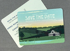 Rustic Kentucky Barn Wedding with Rolling Hills at Sunset Vintage Save the Date Postcard