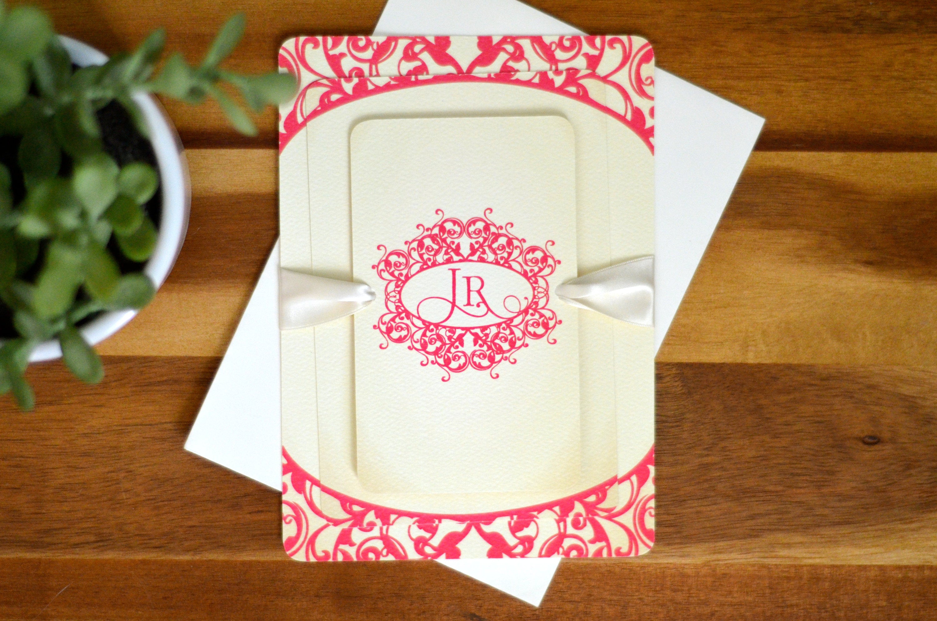 Pink Victorian Vintage Flourish with Monogram Layered Strata Elegant Wedding Invitation with RSVP Postcard - BP1