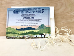 Mt of the Holy Cross Sunset Couple with Canoe Rustic 5x7 Wedding Invitation with RSVP Postcard // Dusty Blue Rocky Mountains Sunset