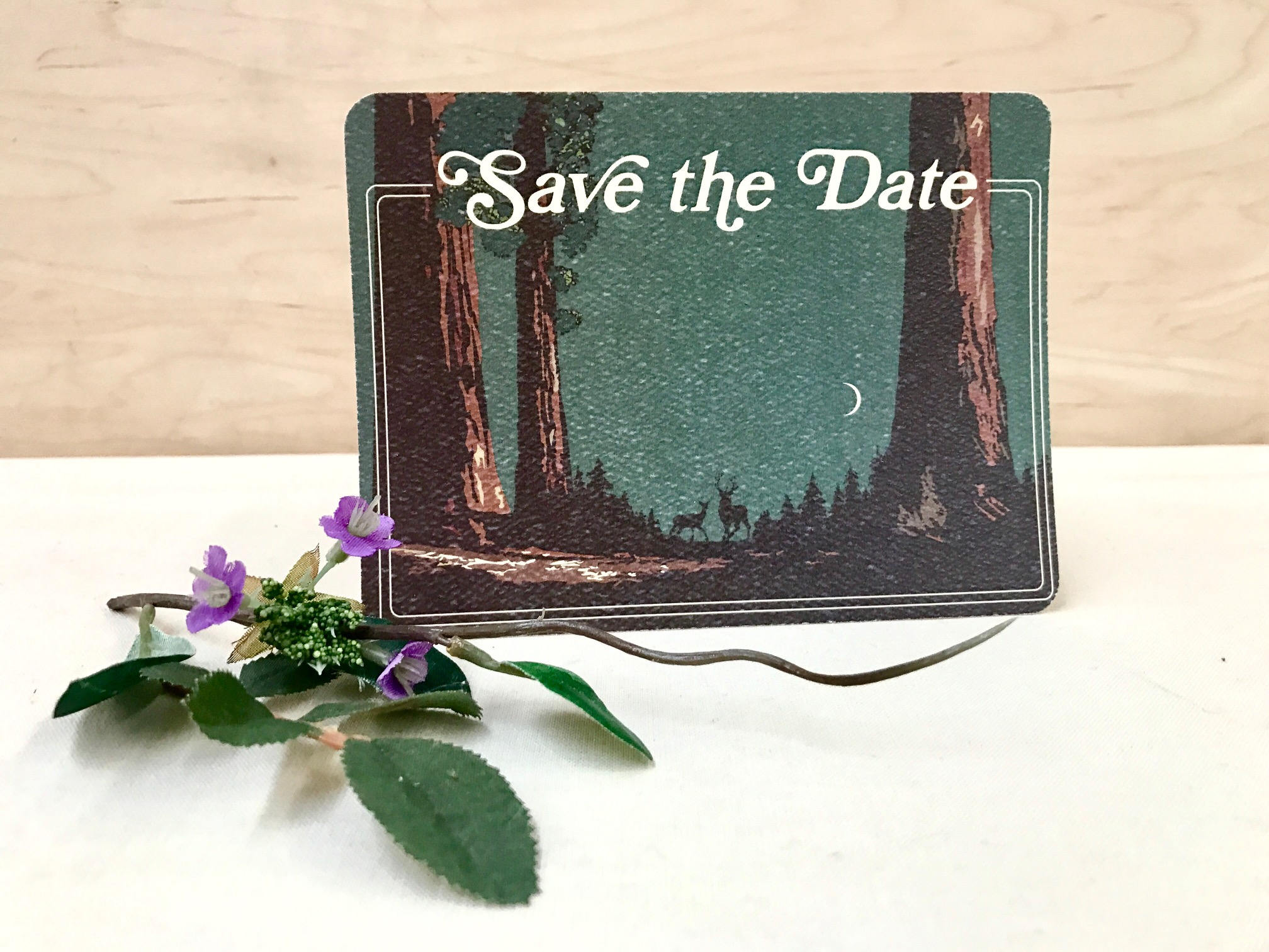 Sequoia National Park with Deer Save the Date Postcard // Rustic California Wedding Redwood Forest with Deer