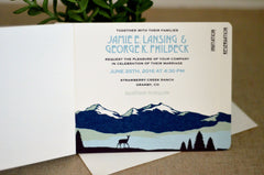 Longs Peak Colorado Summer Mountain Landscape 3pg Booklet Wedding Invitation with RSVP Postcard // Deer in Meadow - BP1