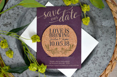 Love is Brewing Cork Coaster Save the Date Barley and Hops Wreath // Burgundy, Navy, and Gold  Brewery Wedding Save the Date // BP1
