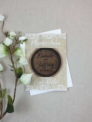 Rustic Lace and Linen Invitation with Wine Barrel Cork Coaster Save the Date Includes A7 Envelopes