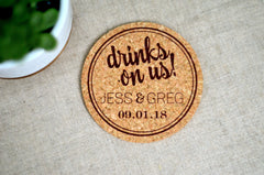 Drinks on Us! Burgundy and Gold Cork Coaster Save the Date with A7 Envelopes