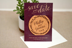 Burgundy Wreath and Gold Script with Photo Cork Coaster Save the Date and A7 Envelope