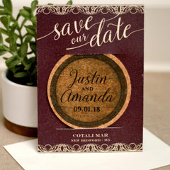 Wine Barrel and Vintage Lace Cork Coaster Save the Date // Winery Wedding Save the Date
