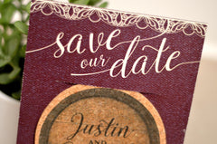 Wine Barrel and Vintage Lace Cork Coaster Save the Date // Winery Wedding Save the Date