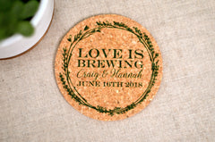 Emerald and Gold Love is Brewing Cork Coaster with Wreath Save the Date