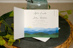 Blue Ridge Mountains 3pg Livret Booklet Wedding Invitation with RSVP Postcard // North Carolina Mountains // Blowing  Rock