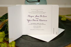 Deep Purple Script with Black and White Photo 3pg Livret Booklet Wedding Invitation with Perforated RSVP Postcard