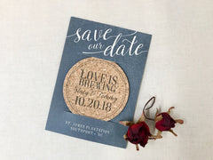 Love is Brewing Gray and White Cork Coaster Save the Date with A7 Envelope // Brewery Wedding Cork Coaster Save the Date