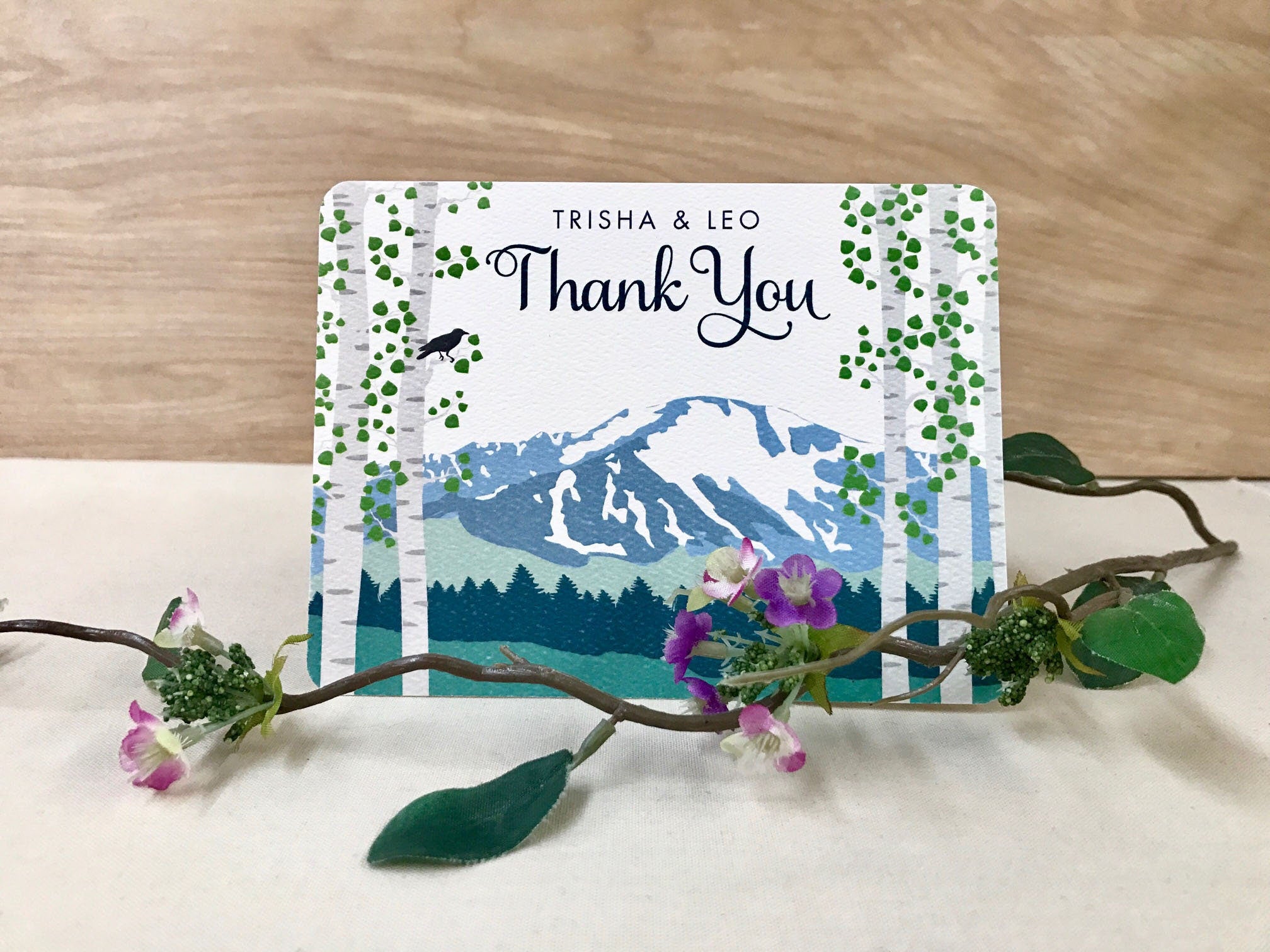 Pikes Peak Teal Colorado Snow Capped Mountains Vintage Thank You Postcard with Birch Trees // Personalized Rustic Wedding Thank you Postcard