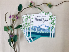 Pikes Peak Teal Colorado Snow Capped Mountains Vintage Thank You Postcard with Birch Trees // Personalized Rustic Wedding Thank you Postcard