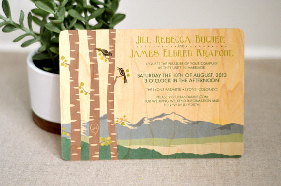 Rustic Maple Wood Veneer 5x7 Wedding Invitation with Spring Birch Tree Rocky Mountain Landscape // Maple Wood Wedding Invite