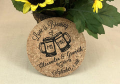 Love is Brewing with Mr and Mrs Beer Steins Cork Coaster Wedding Favors Personalized with Names and Wedding Date