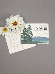 Spring Rocky Mountains with Evergreens Save the Date Postcards // Dusty Blue and Evergreen Colorado Mountains