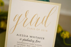 Gold and Champagne Script Grad Elegant Graduation Announcement 5x7 Invitation with Gold Metallic Envelope - BP1