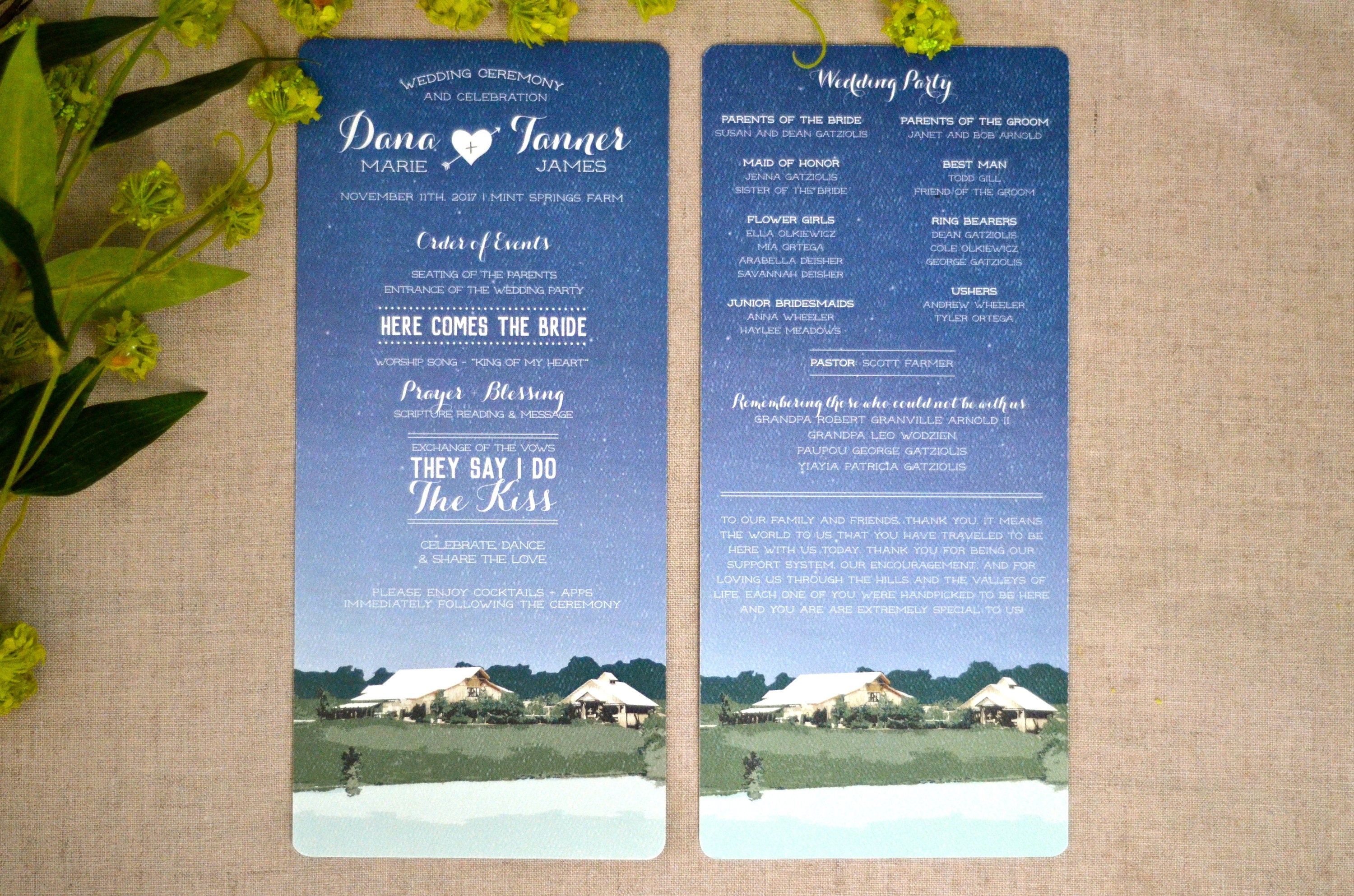 Mint Springs Farm Tennessee Wedding Day Program // Ceremony Timeline // Illustrated Wedding Program (2-sided) // BP1