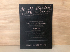 It all Started with a Beer Whiskey Barrel Cork Coaster Wedding Invitation // Black and Rose Gold Brewery Wedding Invite with Cork Coaster