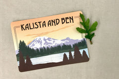 Mt Rainier at Sunset Rustic Wedding Invitation Postcards // Sunset Washington Mountains with Lake Wedding Invite
