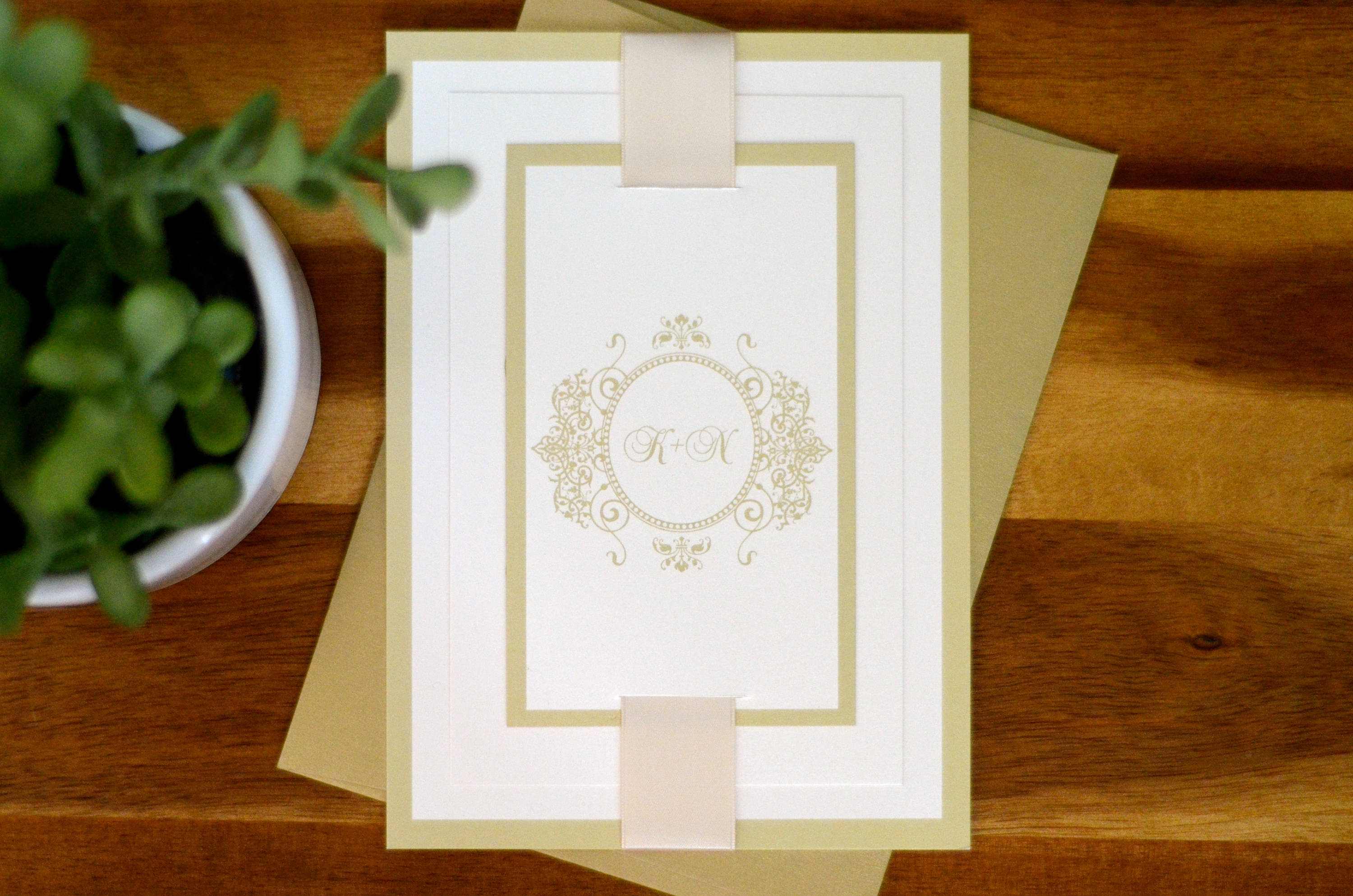 Gold flourish monogram Champagne Petallic Layered Strata Wedding Invitation w/ RSVP Postcard, Details Card & Metallic Gold Envelopes - BP1