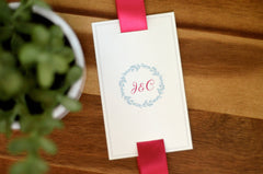 Pink and Aqua Greenery Wreath Monogram Elegant Script Layered Strata Wedding Invitation with RSVP Postcard and Details Card - BP1