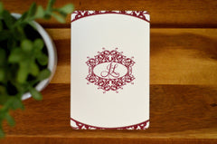 Burgundy Vintage Flourish Monogram with Ribbon Layered Strata Wedding Invitation with RSVP Postcard and details Card - BP1