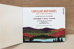 Fall Appalachian Purple Mountains with Bear and Lake 2pg Livret Booklet Wedding Invitation // Fall Mountain Wedding Invite