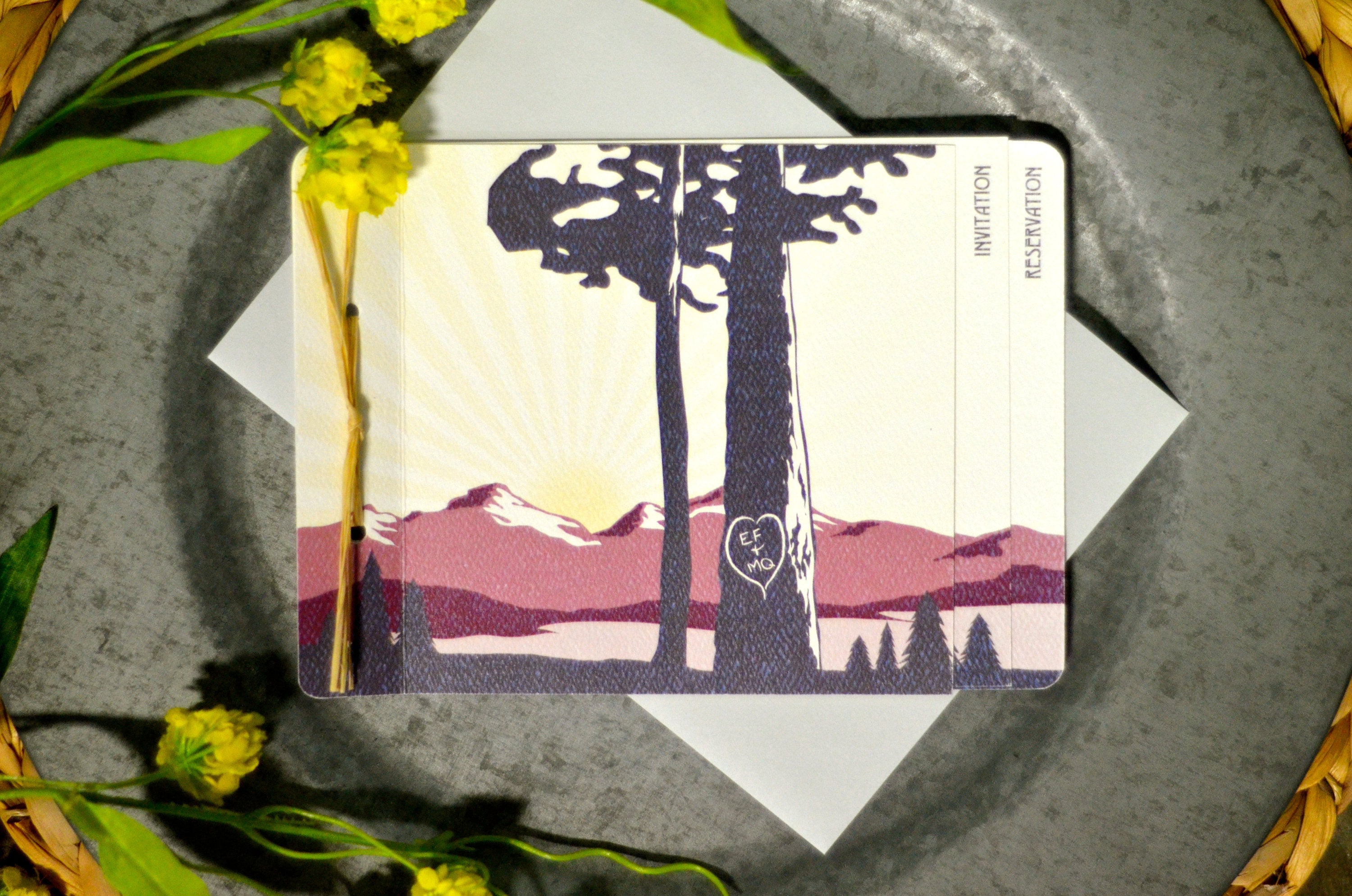 Rustic Craftsman Rocky Mountains Burgundy National Park 3 Page Livret Booklet Wedding Invitation with attached Postcard RSVP