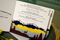 Rustic Craftsman Rocky Mountains Blue & Gold Birch Trees 3 Page Livret Booklet Wedding Invitation with attached Postcard RSVP