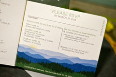 Rustic Craftsman Blue Ridge Mountains 3 Page Livret Booklet Wedding Invitation with RSVP Postcard
