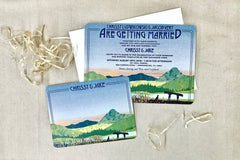 Mt of the Holy Cross Sunset Couple with Canoe Rustic 5x7 Wedding Invitation with RSVP Postcard // Dusty Blue Rocky Mountains Sunset