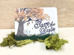 Rustic Fall Oak Tree with Lanterns Save the Date Postcard // Rustic Outdoor Country Wedding