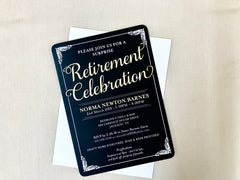 Surprise Retirement Celebration 5x7 Invitation with A7 Envelope Black and Gold // Retirement Party Invitation // Surprise Party Invite